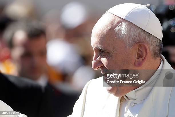 Pope Francis holds his weekly audience in St. Peter's Square on April 16, 2014 in Vatican City, Vatican. Today the Holy Father held his audience on...