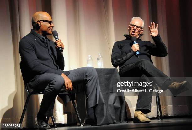 Actors Michael Dorn and Malcolm McDowell attend the Malcolm McDowell Series Of Q&A Screenings for "Star Trek: Generations" Presented by Prospect...