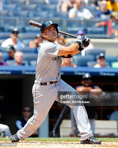 Jesus Montero of the Seattle Mariners in action against the New York Yankees at Yankee Stadium on July 19, 2015 in the Bronx borough of New York...