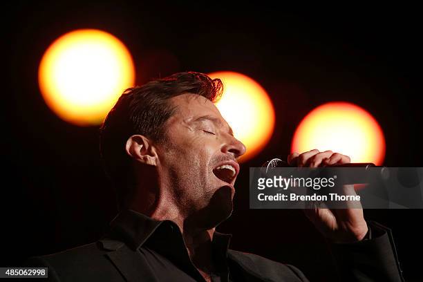 Hugh Jackman performs during a press conference at Four Seasons Hotel on August 24, 2015 in Sydney, Australia.