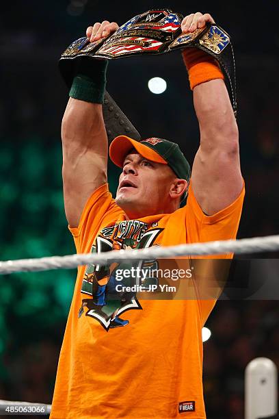 John Cena enters the ring at the WWE SummerSlam 2015 at Barclays Center of Brooklyn on August 23, 2015 in New York City.