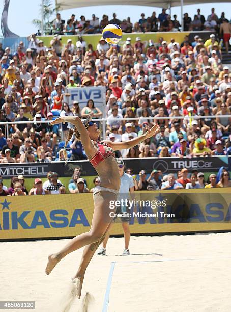 Team USA's April Ross plays in the ASICS World Series of Volleyball - celebrity charity match held on August 23, 2015 in Long Beach, California.