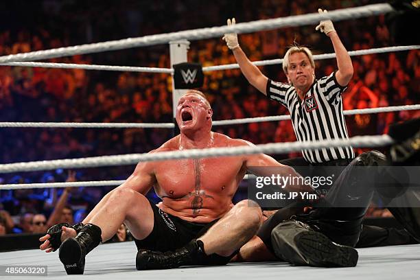 Brock Lesnar in action during his fight against The Undertaker at the WWE SummerSlam 2015 at Barclays Center of Brooklyn on August 23, 2015 in New...