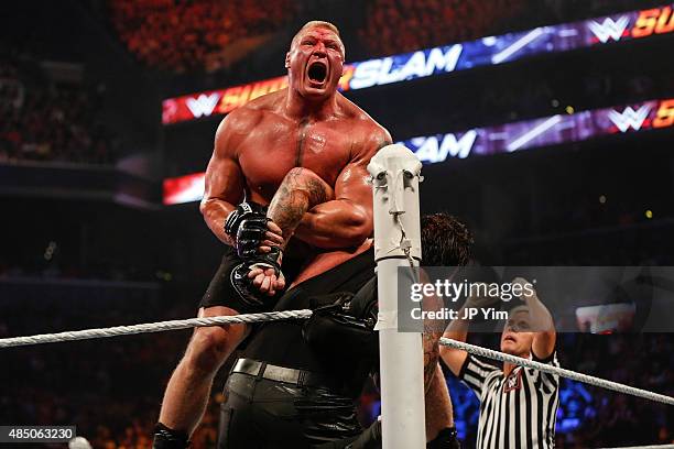 Brock Lesnar and The Undertaker battle it out at the WWE SummerSlam 2015 at Barclays Center of Brooklyn on August 23, 2015 in New York City.