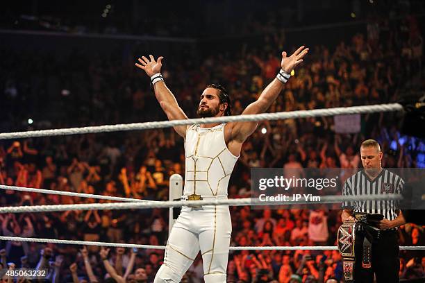 Seth Rollins enters the ring at the WWE SummerSlam 2015 at Barclays Center of Brooklyn on August 23, 2015 in New York City.