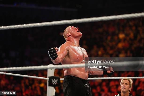 Brock Lesnar in action during his fight against The Undertaker at the WWE SummerSlam 2015 at Barclays Center of Brooklyn on August 23, 2015 in New...