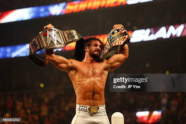 Seth Rollins celebrates his victory over John Cena at the WWE SummerSlam 2015 at Barclays Center of Brooklyn on August 23, 2015 in New York City.