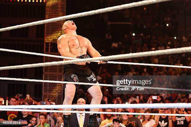 Brock Lesnar enters the ring at the WWE SummerSlam 2015 at Barclays Center of Brooklyn on August 23, 2015 in New York City.