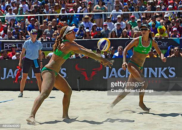 Talita Da Rocha Antunes and Larissa Franca Maestrini of Brazil in action during the 2015 ASICS World Series of Beach Volleyball at the TrueCar Course...