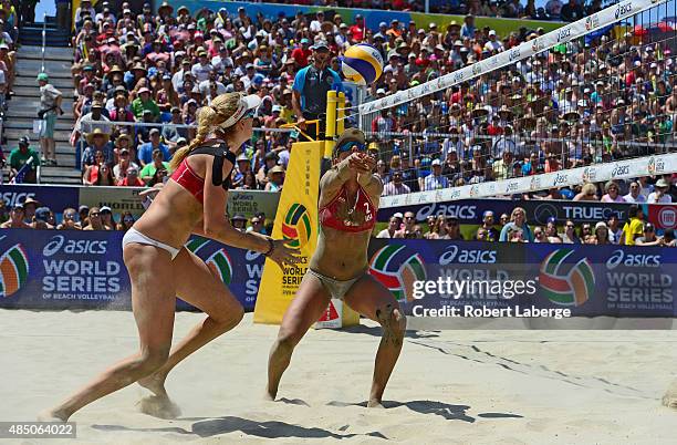 April Ross and Kerri Walsh of the USA in action during the 2015 ASICS World Series of Beach Volleyball at the TrueCar Course at Alamitos Beach on...