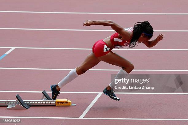 Allyson Felix of the United States competes in the Women's 400 metres heats during day three of the 15th IAAF World Athletics Championships Beijing...