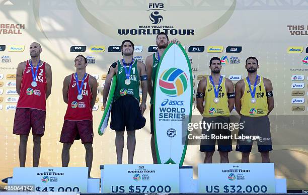 Philip Dalhausser and Nicholas Lucena of the USA, silver medal, Bruno Oscar Schmidt and Alison Cerutti of Brazil, gold medal and Adrian Gavira...