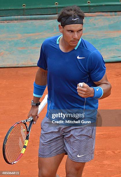 Rafael Nadal of Spain celebrates victory against Teymuraz Gabashvli of Russia during their second round match on day four of the ATP Monte Carlo...