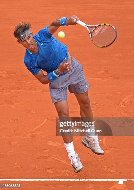 Rafael Nadal of Spain serves the ball against Teymuraz Gabashvli of Russia during their second round match on day four of the ATP Monte Carlo...