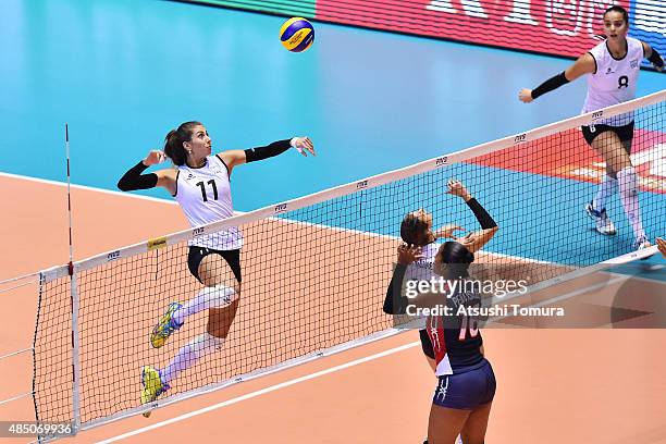 Julieta Constanza Lazcano of Argentina spikes in the match between Dominican Republic and Argentina during the FIVB Women's Volleyball World Cup...