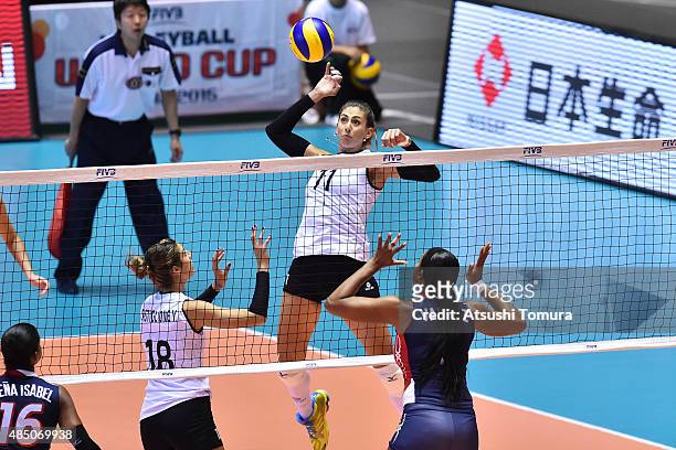 Julieta Constanza Lazcano of Argentina spikes in the match between Dominican Republic and Argentina during the FIVB Women's Volleyball World Cup...