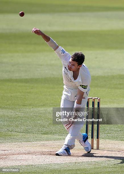 James Harris of Middlesex bowls during day four of the LV County Championship match between Middlesex and Nottinghamshire at Lord's Cricket Ground on...