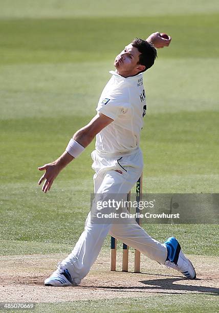 James Harris of Middlesex bowls during day four of the LV County Championship match between Middlesex and Nottinghamshire at Lord's Cricket Ground on...