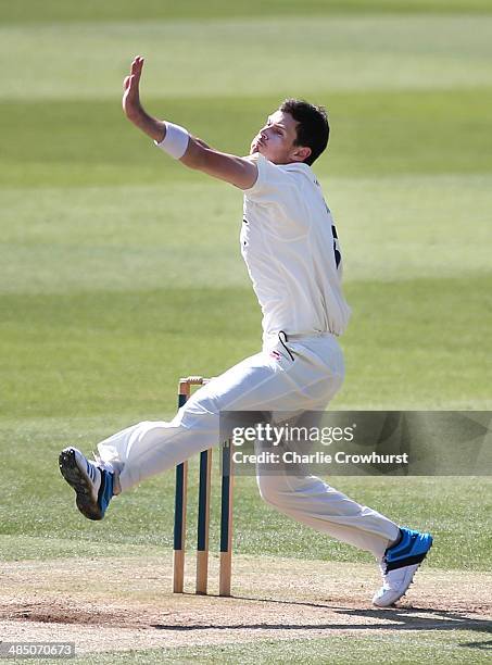 James Harris of Middlesex bowls during day four of the LV County Championship match between Middlesex and Nottinghamshire at Lord's Cricket Ground on...