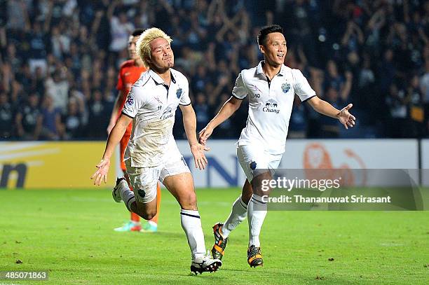 Kai Hirano and team mate Jakkaphan Kaewprom of Buriram United celebeates during the AFC Asian Champions League Group E match between Buriram United...