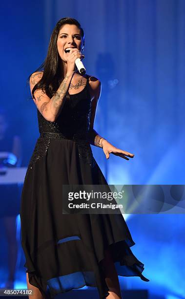 Christina Perri performs during the 'Girls Night Out, Boys Can Come Too Tour' at Weill Hall - Green Music Center, Sonoma State University on August...