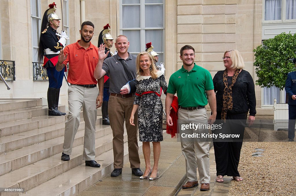 French President Francois Hollande Receives Anthony Sadler, Alek Skarlatos and Spencer Stone At Elysee Palace In Paris