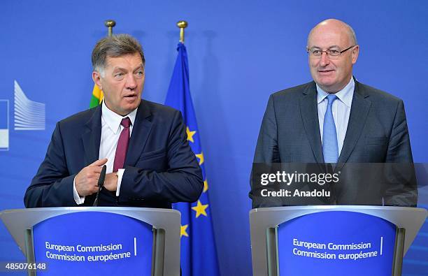 Lithuanian Prime Minister Algirdas Butkevicius and European Commissioner for Agriculture and Rural Development Phil Hogan hold a press conference...