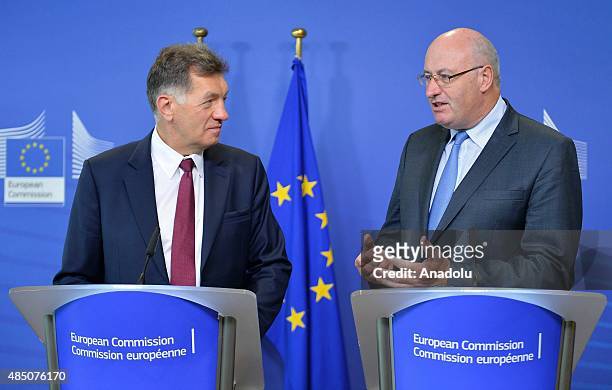 Lithuanian Prime Minister Algirdas Butkevicius and European Commissioner for Agriculture and Rural Development Phil Hogan hold a press conference...