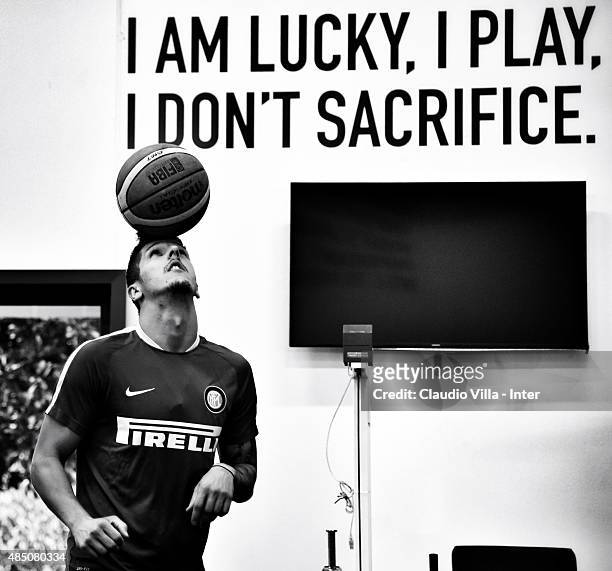 Stevan Jovetic of FC Internazionale looks on during a training session at the club's training ground at Appiano Gentile on August 24, 2015 in Como,...