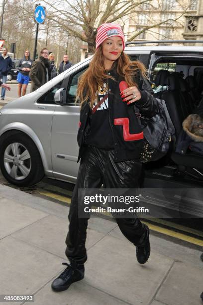 Rihanna is seen arriving at her hotel on February 16, 2013 in London, United Kingdom.