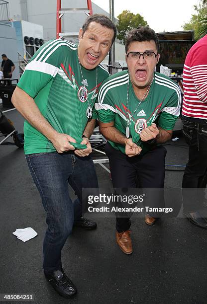 Alan Tacher and Paul Stanley poses during FIFA World Cup Trophy Tour on the set of Despierta America at Univision Headquarters on April 16, 2014 in...