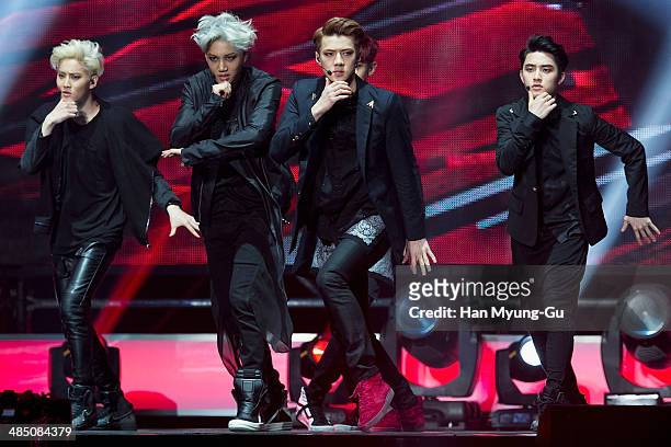 Members of boy band EXO-M perform onstage "EXO" the 2nd Mini Album Comeback Show at Jamsil Gym on April 15, 2014 in Seoul, South Korea.