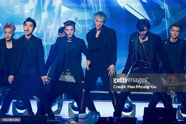 Members of boy band EXO-M perform onstage "EXO" the 2nd Mini Album Comeback Show at Jamsil Gym on April 15, 2014 in Seoul, South Korea.