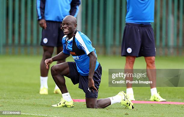 Leicester City's N'Golo Kante is all smiles during the Leicester City Training Session on August 24, 2015 in Leicester, United Kingdom.