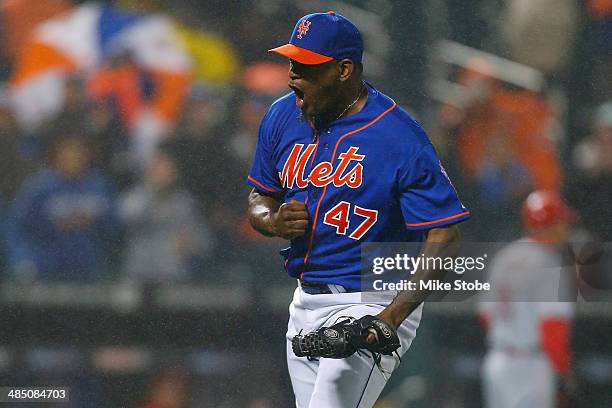 Jose Valverde of the New York Mets celebrates after defeating the Cincinnati Reds at Citi Field on April 4, 2014 in New York City. Mets defeated the...