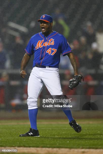 Jose Valverde of the New York Mets celebrates after defeating the Cincinnati Reds at Citi Field on April 4, 2014 in New York City. Mets defeated the...