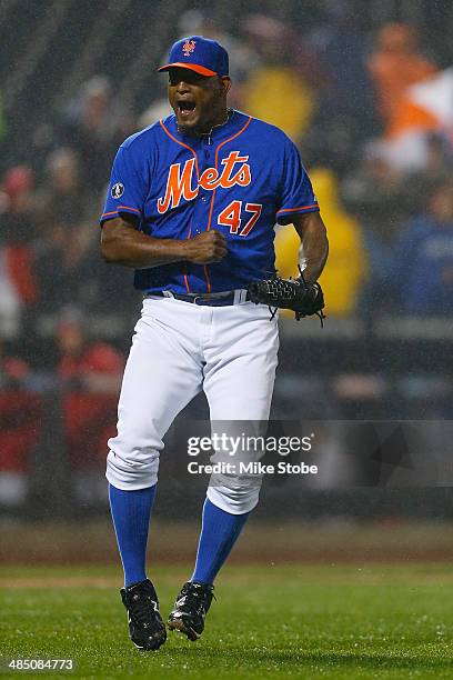 Jose Valverde of the New York Mets celebrates after defeating the Cincinnati Reds at Citi Field on April 4, 2014 in New York City. Mets defeated the...