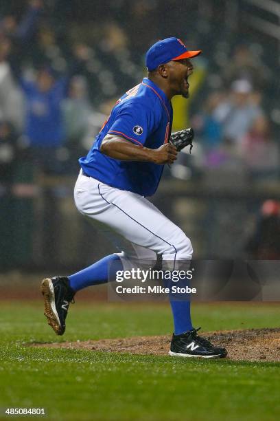 Jose Valverde of the New York Mets celebrates after defeating the Cincinnati Reds at Citi Field on April 4, 2014 in New York City. Mets defeated the...