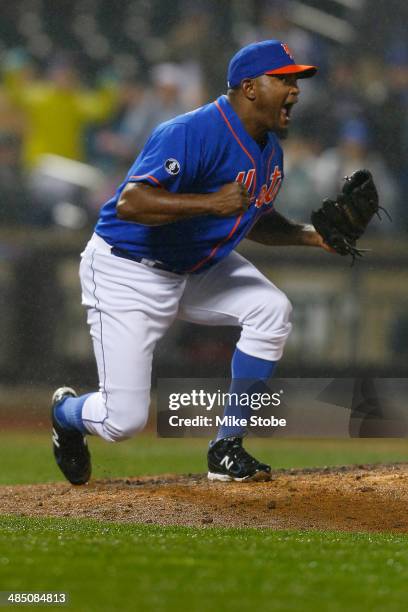 Jose Valverde of the New York Mets celebrates after defeating the Cincinnati Reds at Citi Field on April 4, 2014 in New York City. Mets defeated the...