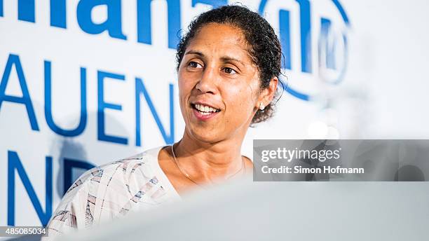 Steffi Jones of the DFB attends the Allianz Women's Bundesliga season opening press conference at DFB Headquarters on August 24, 2015 in Frankfurt am...