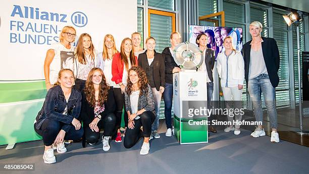 Players of all Women's Bundesliga teams pose during the Allianz Women's Bundesliga season opening press conference at DFB Headquarters on August 24,...