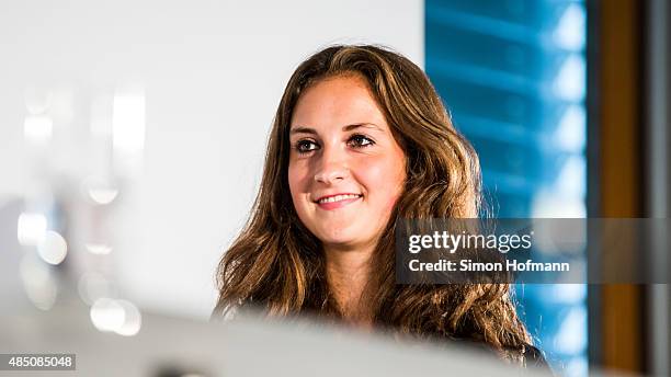 Sara Daebritz attends the Allianz Women's Bundesliga season opening press conference at DFB Headquarters on August 24, 2015 in Frankfurt am Main,...