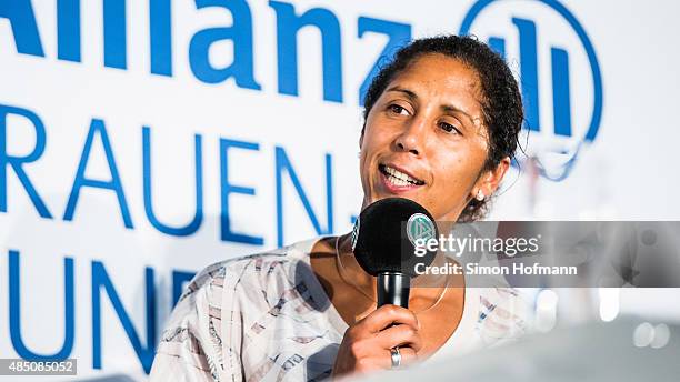 Steffi Jones of the DFB attends the Allianz Women's Bundesliga season opening press conference at DFB Headquarters on August 24, 2015 in Frankfurt am...