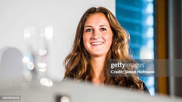 Sara Daebritz attends the Allianz Women's Bundesliga season opening press conference at DFB Headquarters on August 24, 2015 in Frankfurt am Main,...