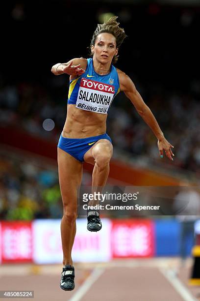 Olga Saladukha of Ukraine competes in the Women's Triple Jump final during day three of the 15th IAAF World Athletics Championships Beijing 2015 at...