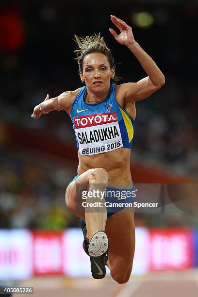 Olga Saladukha of Ukraine competes in the Women's Triple Jump final during day three of the 15th IAAF World Athletics Championships Beijing 2015 at...