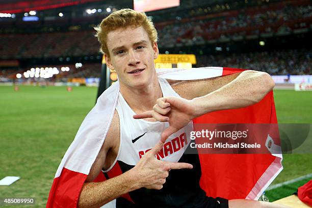 Shawnacy Barber of Canada celebrates after winning gold in the Men's Pole Vault final during day three of the 15th IAAF World Athletics Championships...