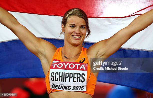 Dafne Schippers of the Netherlands celebrates after winning silver in the Women's 100 metres final during day three of the 15th IAAF World Athletics...