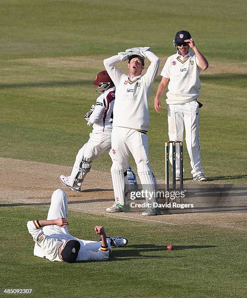 The Durham players look on in anguish as Graham Onions drops a difficult chance off Mohammad Azharullah which would have resulted in a win for Durham...