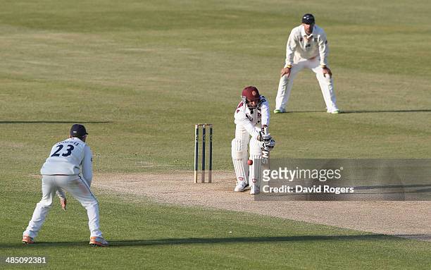 Mohammad Azharullah of Northamptonshire keeps out the final ball of the match which enabled Northamptonshire to get a draw during the fourth day of...